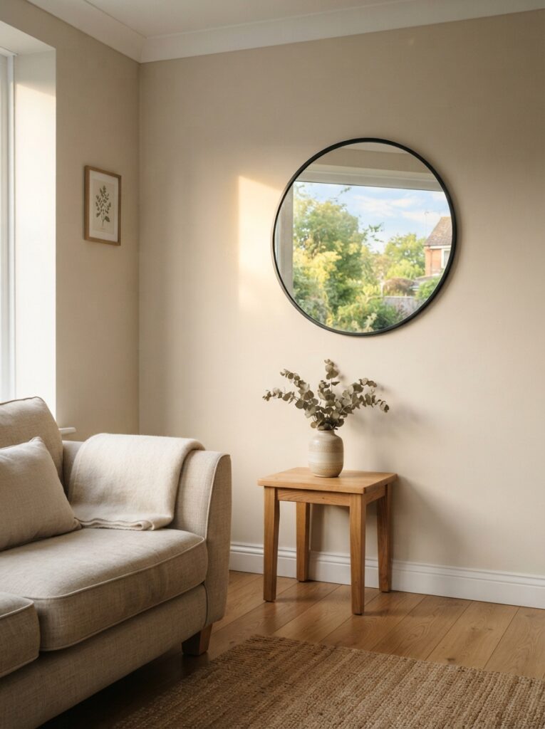 Living room with round nirror
