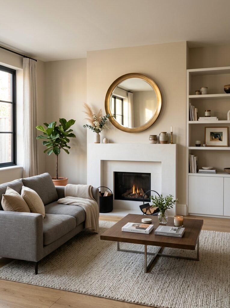 Round brushed brass mirror above fireplace mantel in modern living room