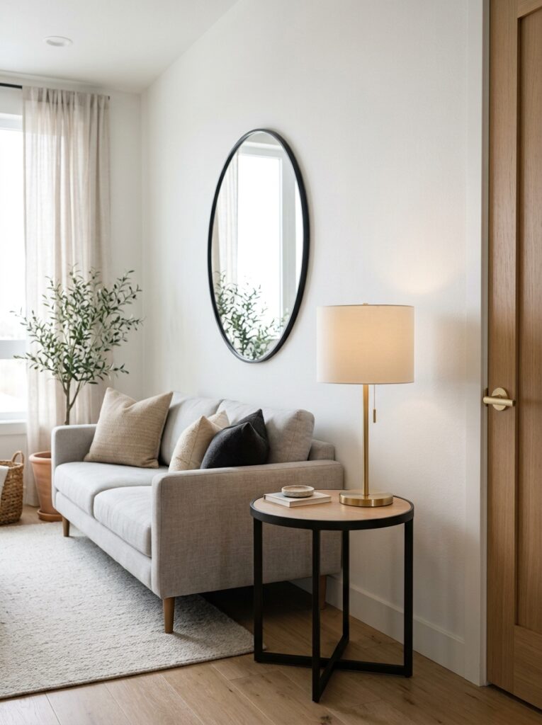 Modern living room mirror frame matched to metal accents and fixtures