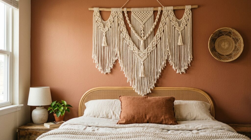 Macrame wall hanging above rattan headboard in boho bedroom