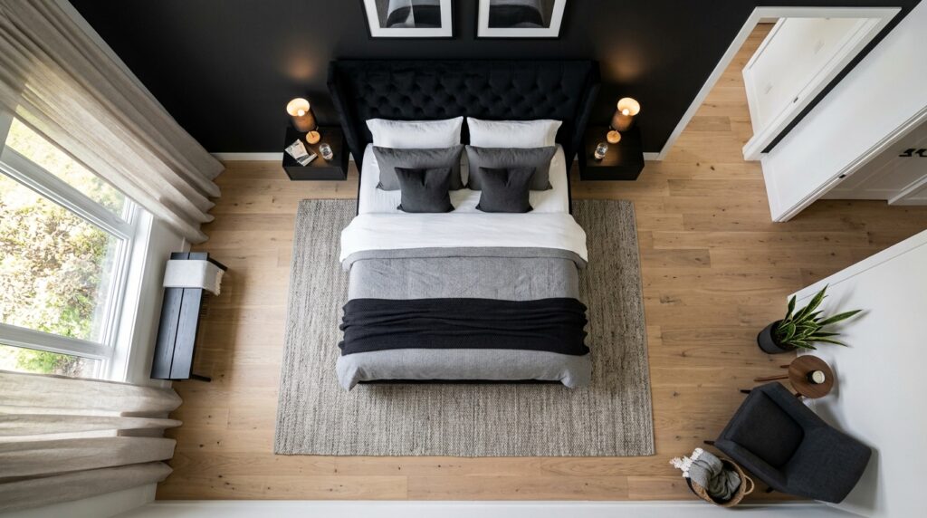 How to plan a master bedroom layout with bed placement and nightstand positioning