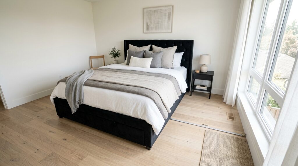 Master bedroom furniture layout showing storage bed frame with proper clearance space on each side