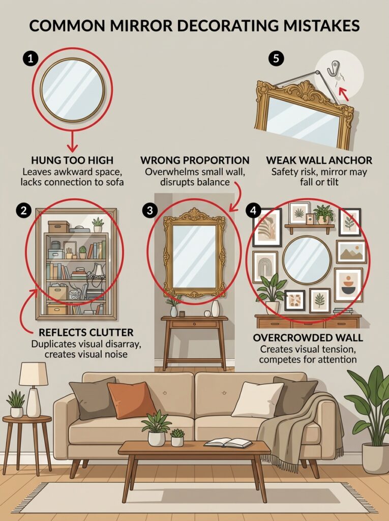 Infographic showing five common living room mirror decorating mistakes to avoid