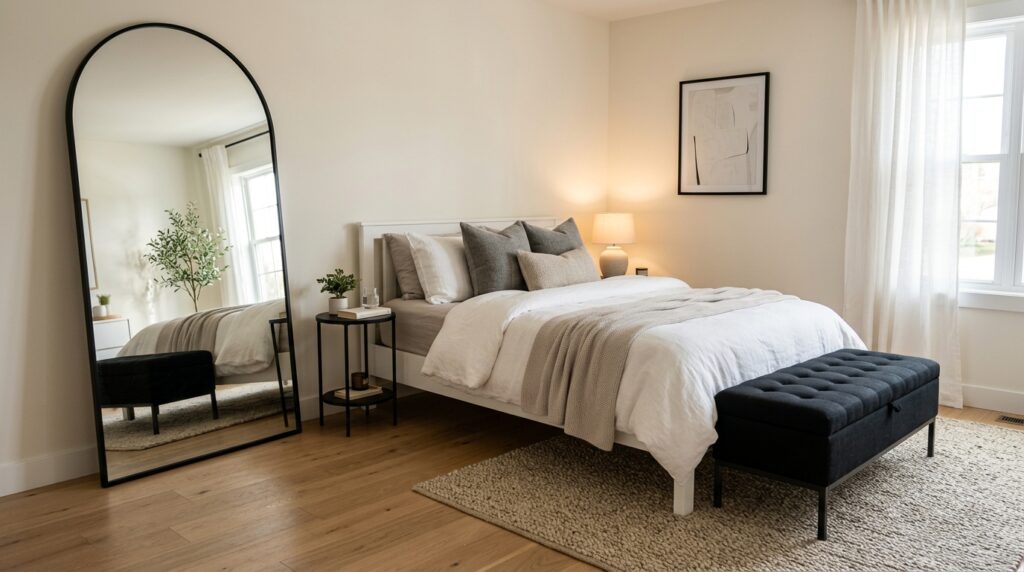 Small master bedroom ideas with arched mirror and storage bench to maximize space
