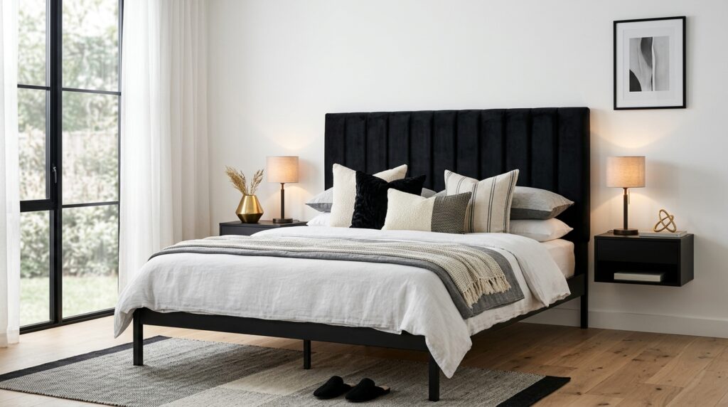 Master bedroom trends for 2026 with black and white design and vertical channel headboard