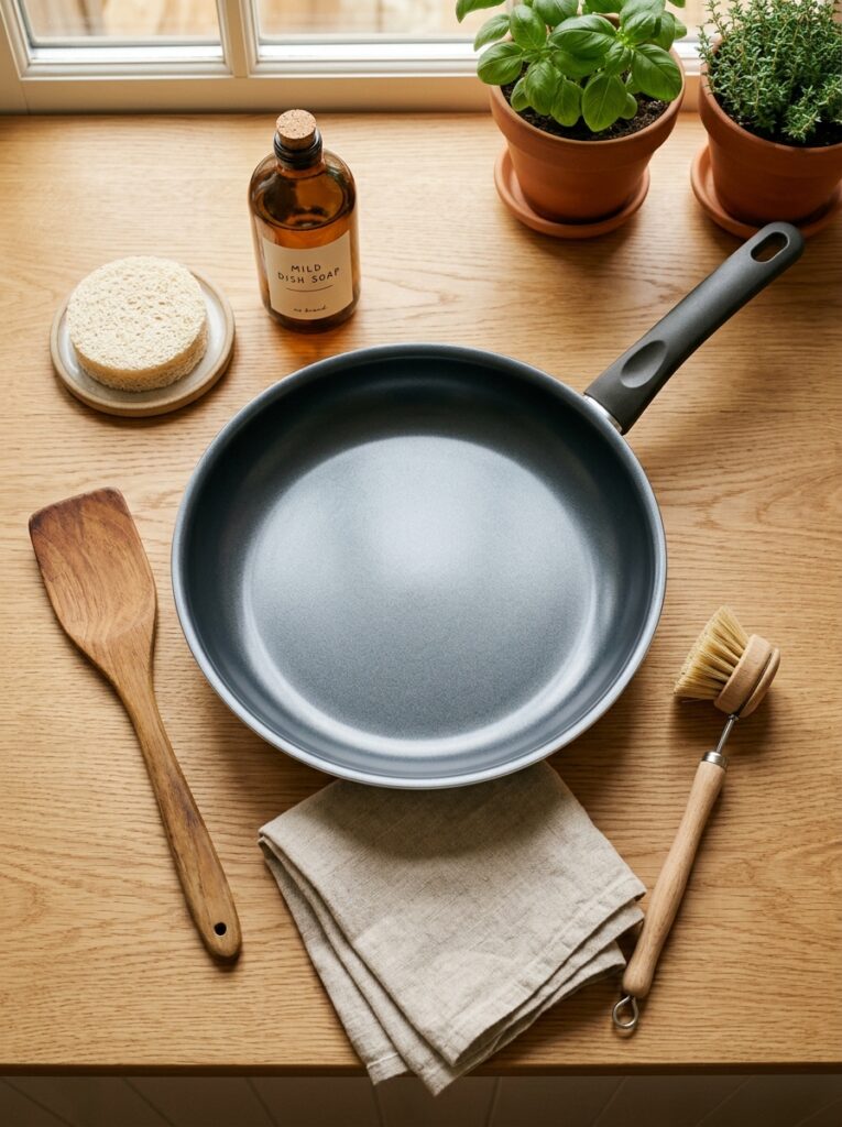 Simple daily routine and tools for non-stick pan cleaning tips without scratching — sponge, soap, and wooden spatula