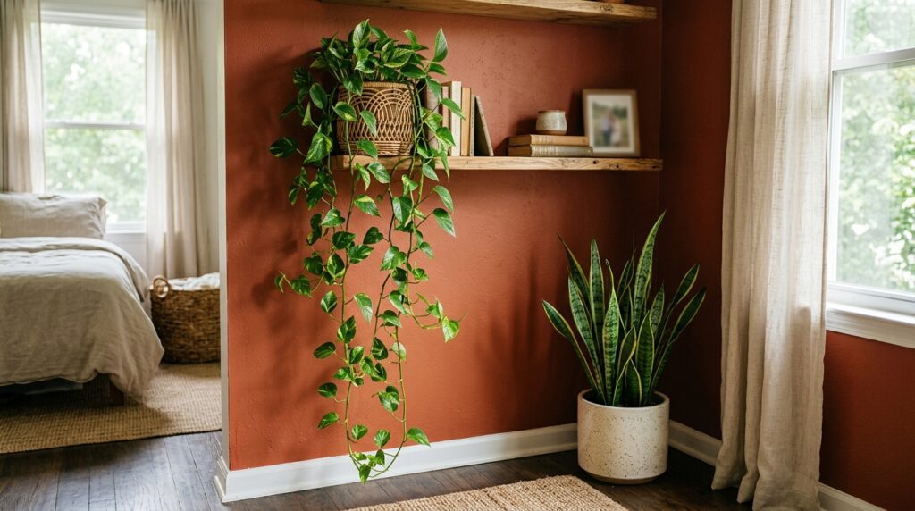 Trailing pothos plant in rattan planter in dark boho bedroom