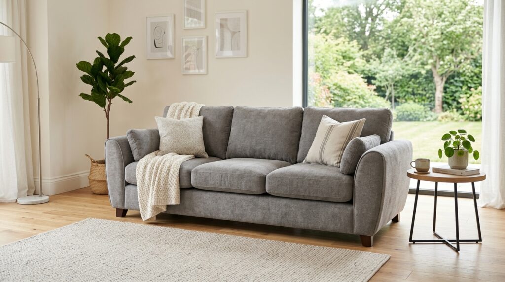 Neutral gray chenille sofa with deep seat in a modern minimalist living room