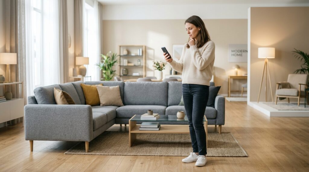 How to choose living room furniture - person comparing options in a modern showroom