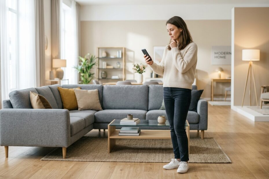 How to choose living room furniture - person comparing options in a modern showroom