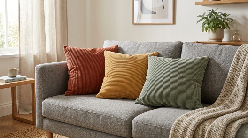 Neutral gray sofa styled with terracotta, sage, and mustard throw pillows for a warm accent color scheme