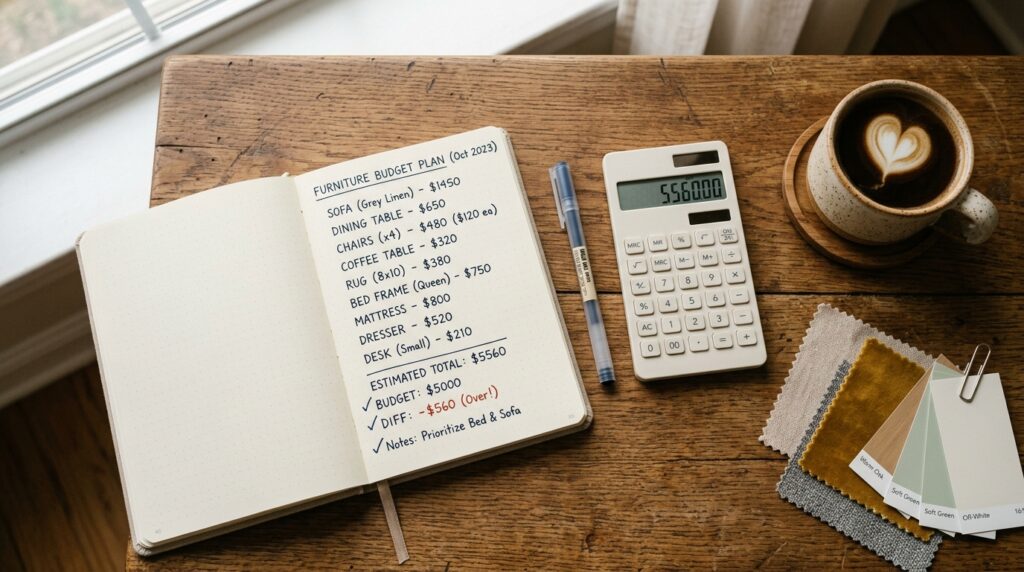 Budget planning notebook with furniture cost breakdown and calculator for living room shopping