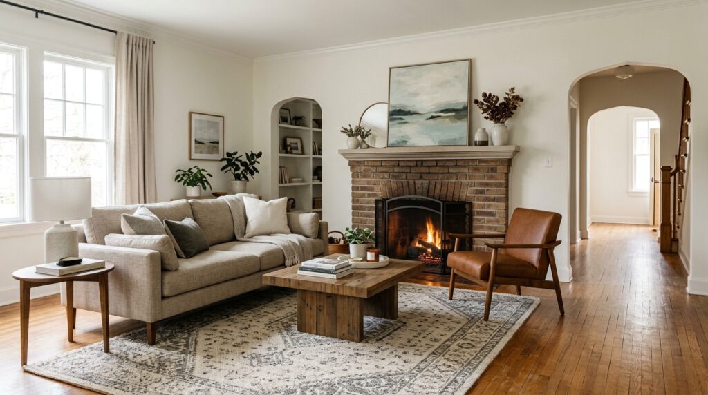 Living room furniture layout with sofa floated off the wall, facing a fireplace, with rug anchoring the seating area