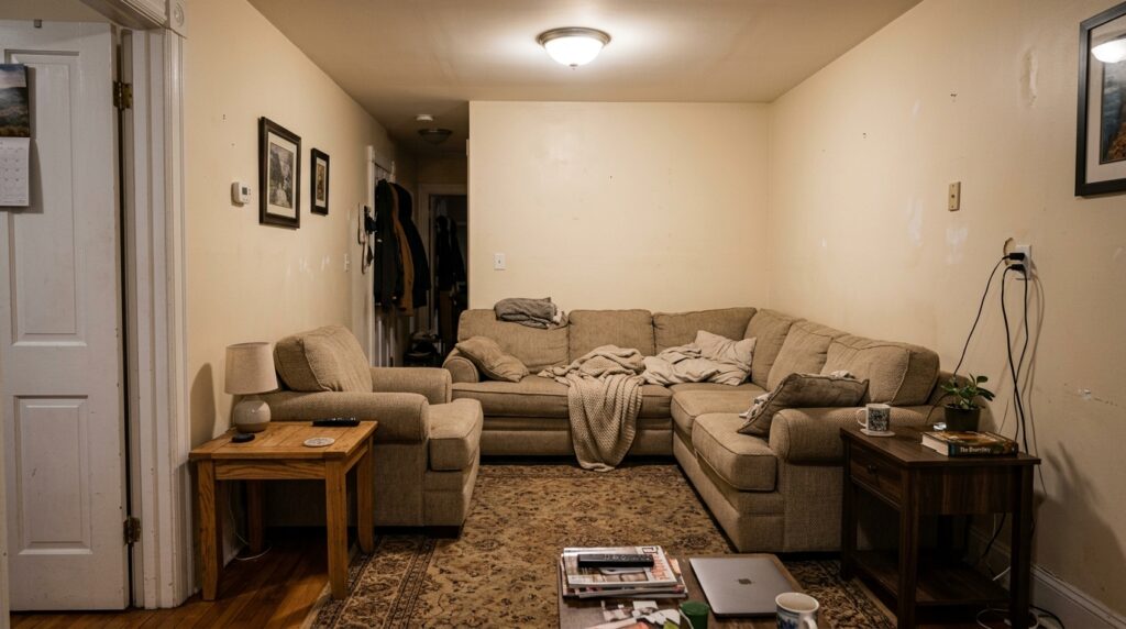 Home living room showing common furniture mistakes including oversized sofa, mismatched wood tones, and poor lighting