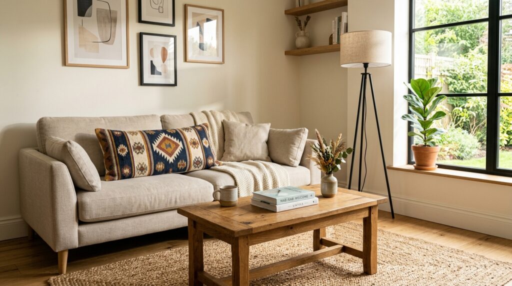 Living room combining wood, metal, and woven jute textures for a layered mixed-material look