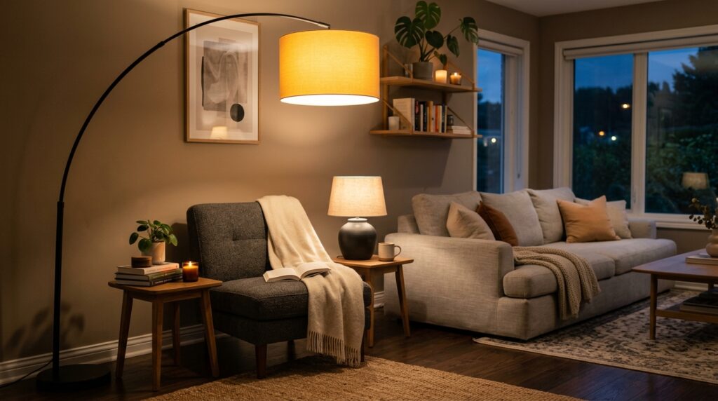Black arc floor lamp providing warm ambient lighting in a cozy living room corner