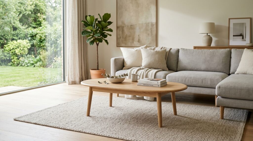 Light oak oval coffee table with rounded edges at sofa seat height in a modern living room