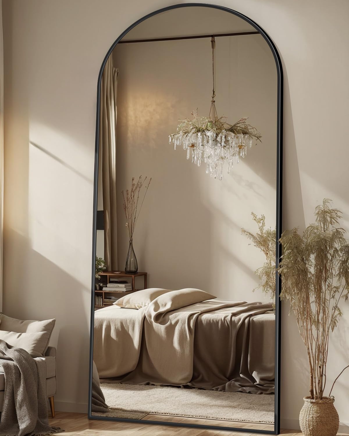 Antok Arched Full Length Floor Mirror black frame living room