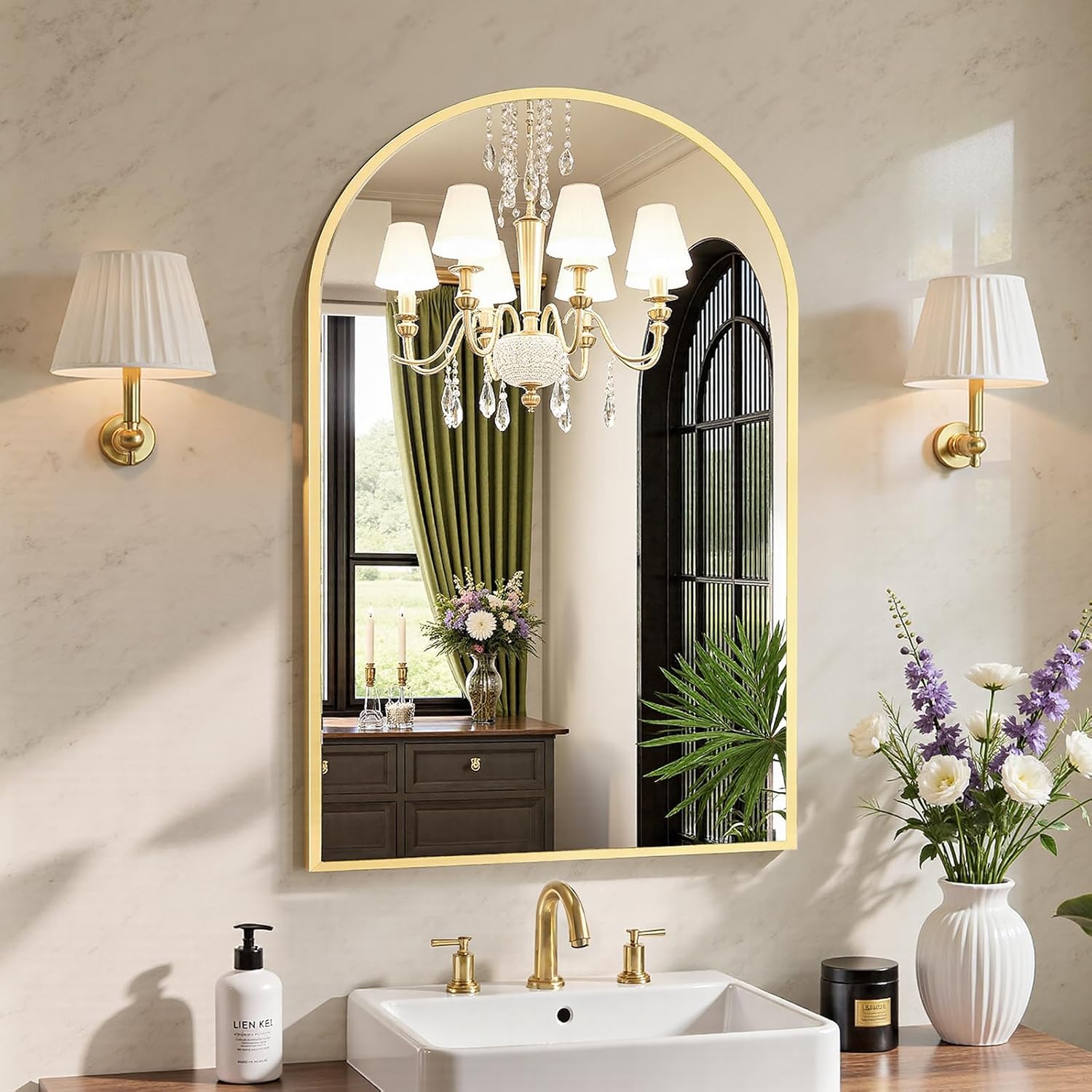 Sweetcrispy Arched Gold Mirror budget-friendly living room decor