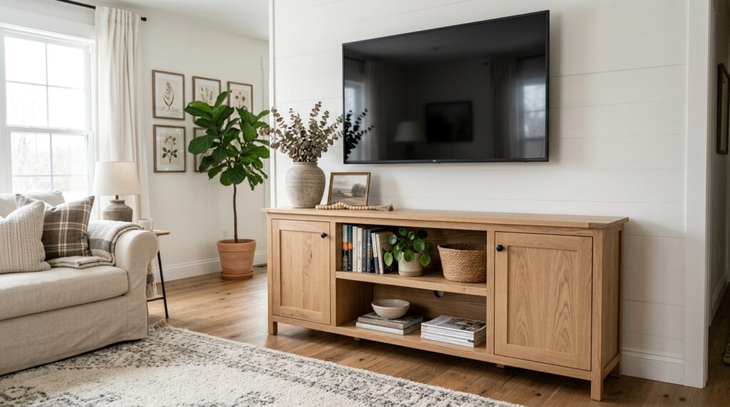 Natural oak TV stand with open shelves and closed storage cabinets in a farmhouse living room