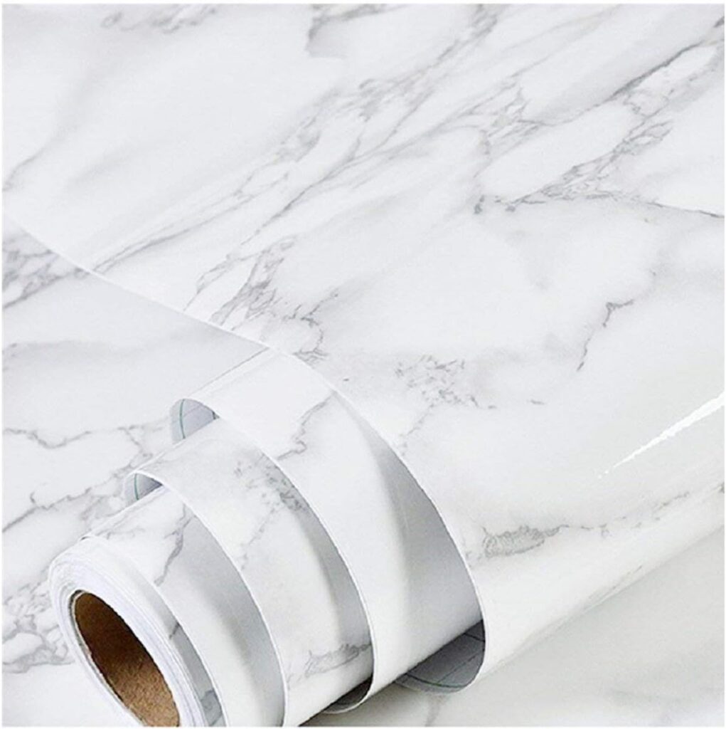 Marble countertop contact paper for aubergine kitchen