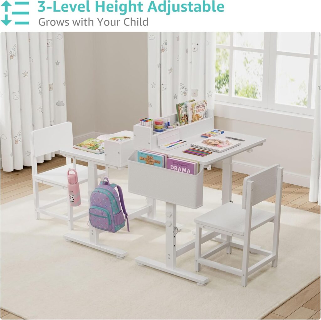 Height adjustable kids desk and chair set that grows with child