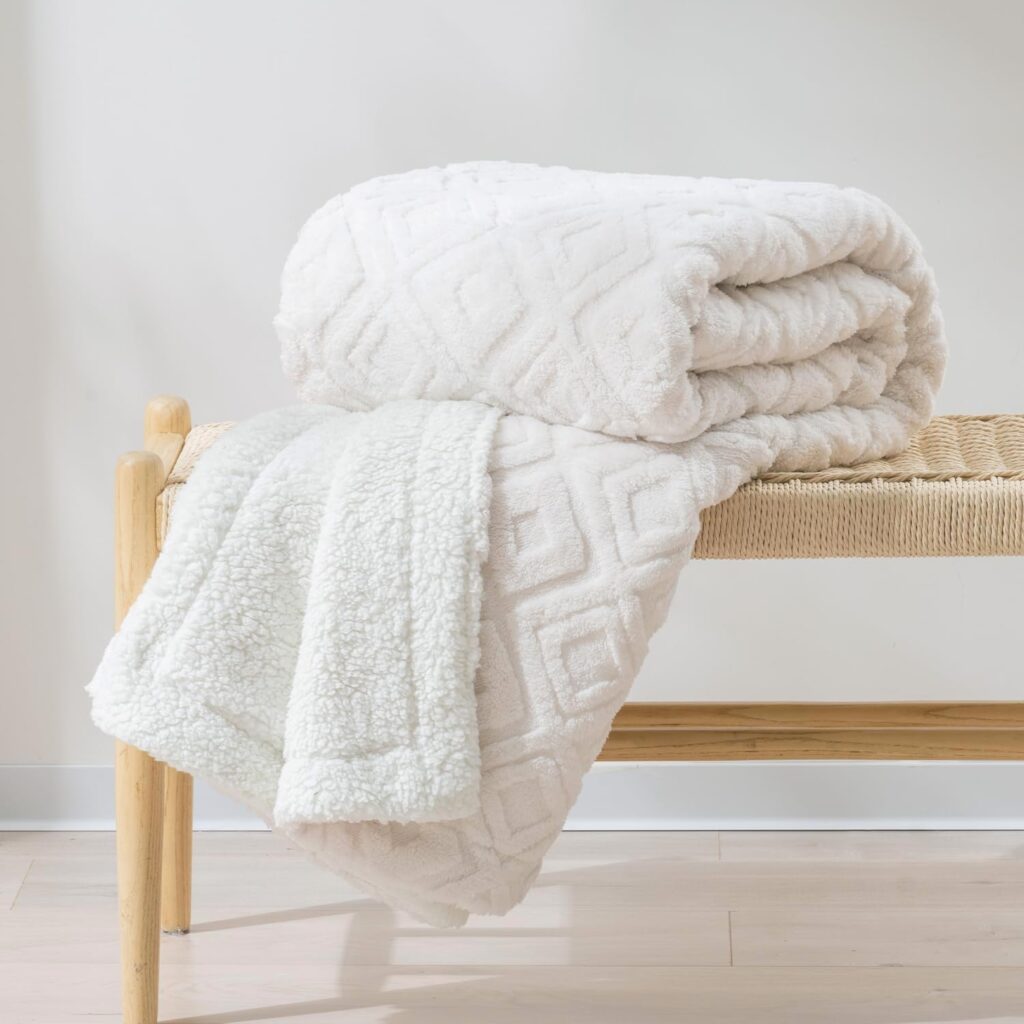 Jacquard sherpa throw blanket off white cozy gaming
