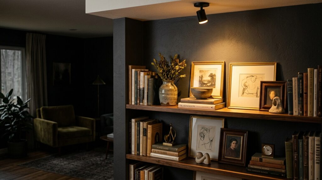 Accent light highlighting styled bookshelf in living room