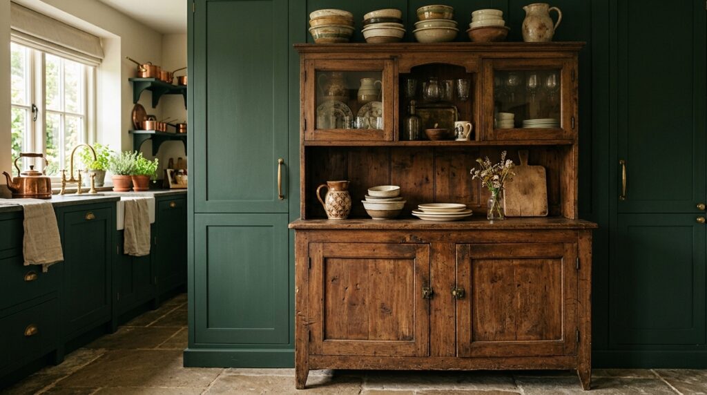 Antique wood sideboard against dark cottagecore kitchen cabinets