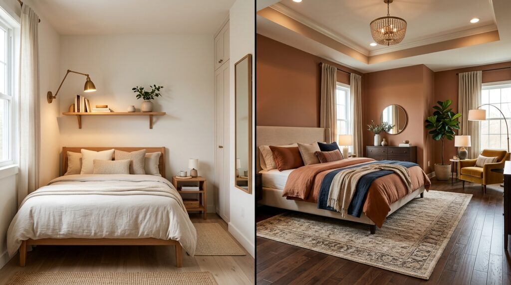 Small vs large bedroom layout comparison for couples with different furniture and lighting approaches