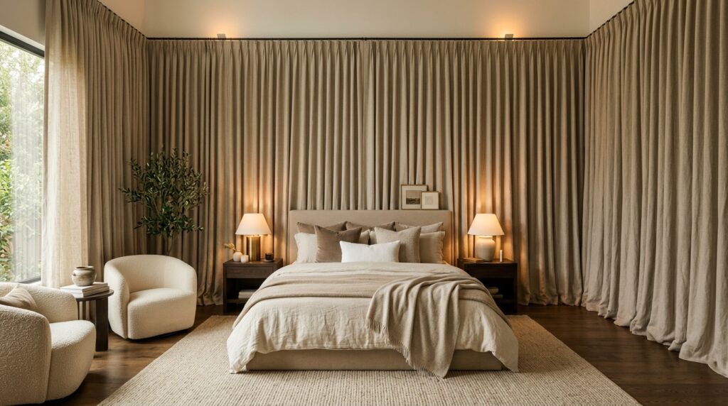 Curtain-draped cozy bedroom idea for couples with floor-to-ceiling drapery