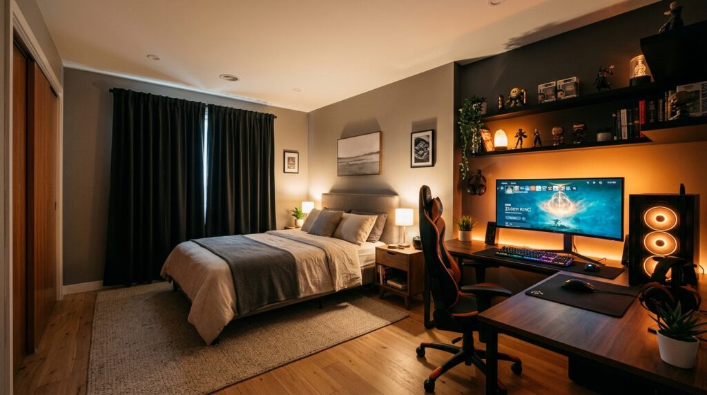 Gaming desk angled away from bed for better sleep layout