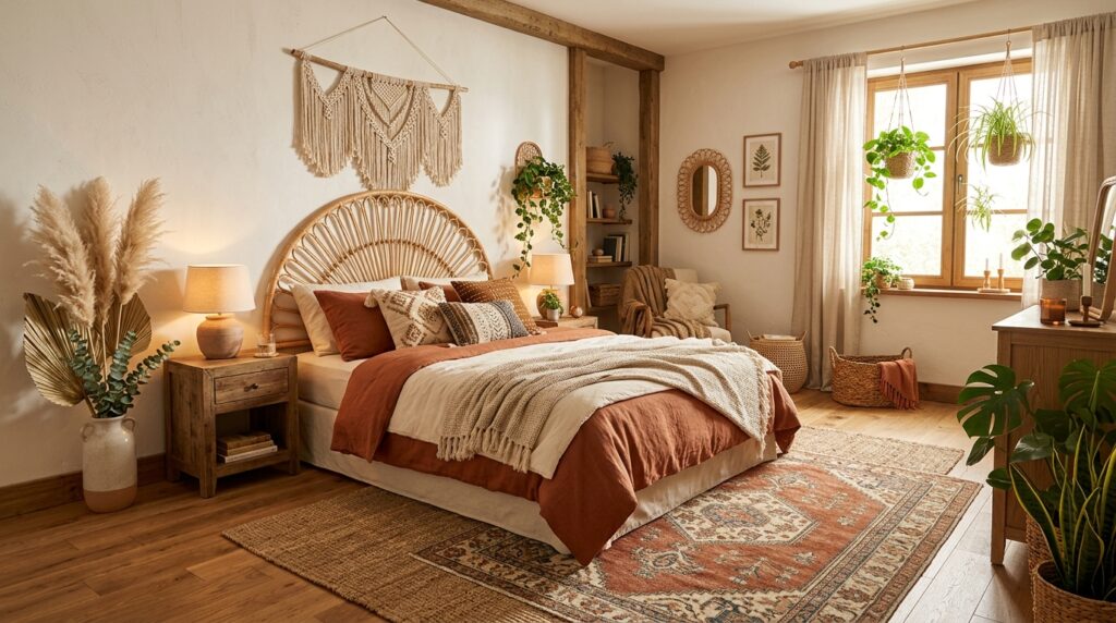 Boho romantic bedroom idea for couples with rattan headboard and layered rugs