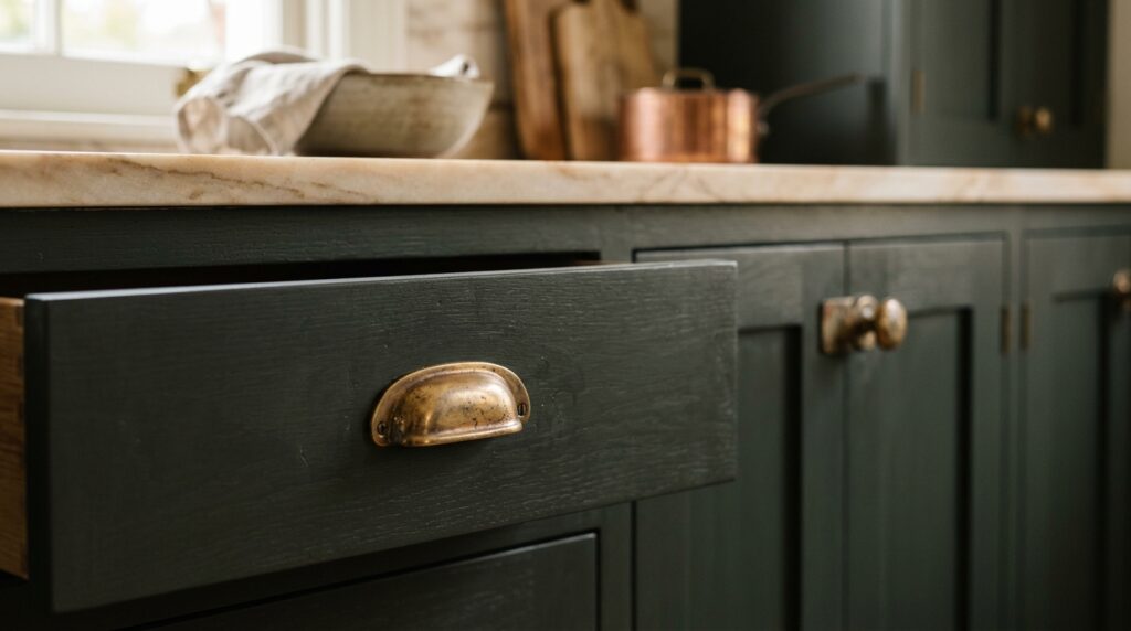 Unlacquered brass hardware on dark cottagecore kitchen cabinet