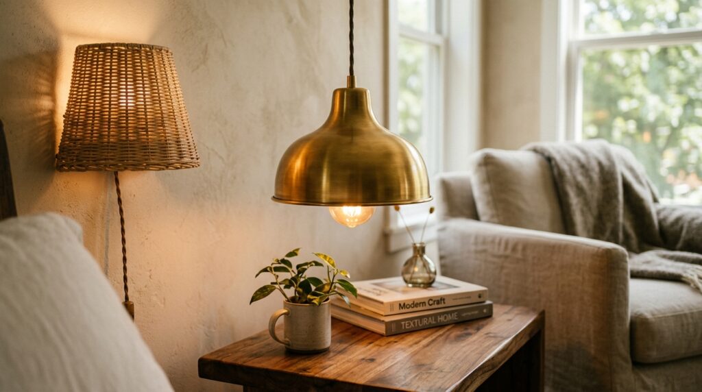 Warm brass fixture paired with natural wood and woven textures