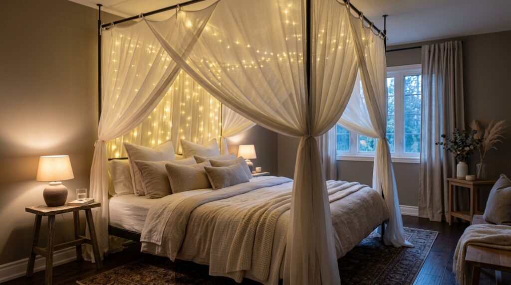 Canopy bed romantic bedroom idea for couples with sheer drapes and fairy lights