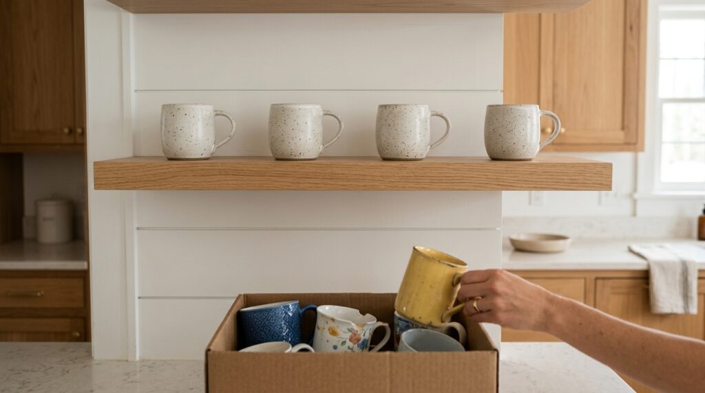 One shelf rule for small kitchen storage with curated mug collection