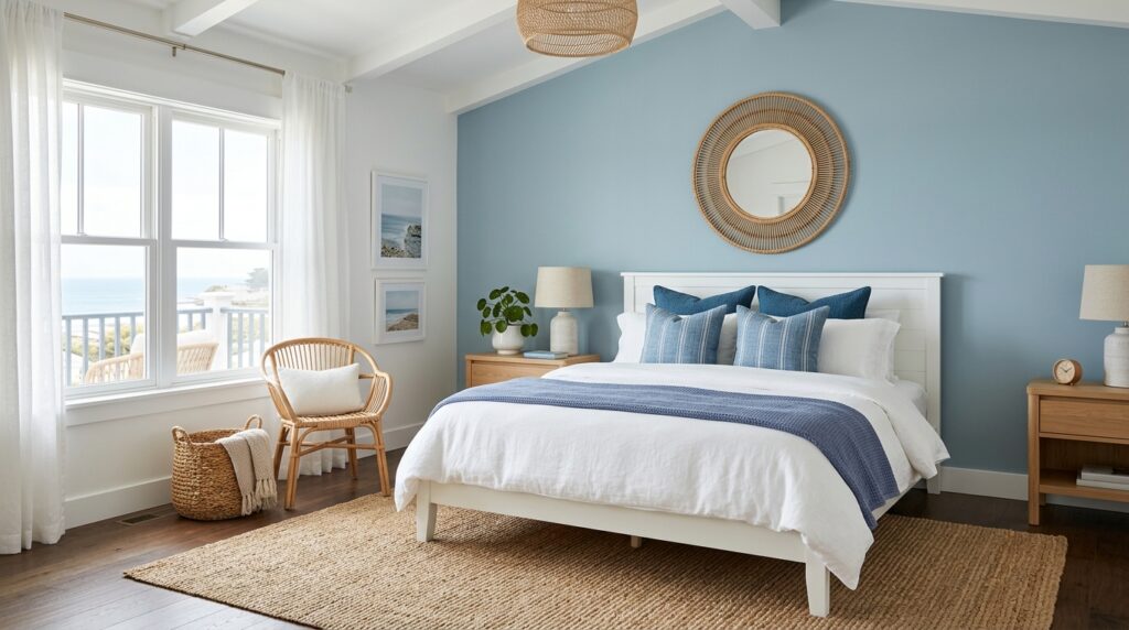 Coastal blue bedroom idea for couples with layered blue tones and jute textures