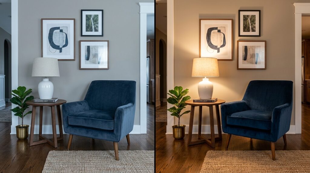 Warm versus cool light temperature comparison in living room