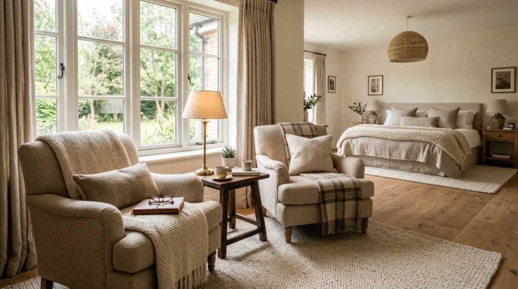 Reading nook bedroom idea for couples with two chairs and a shared side table