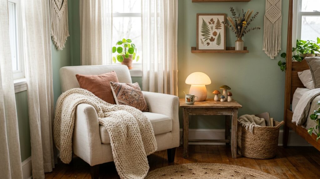 Mushroom theme bedroom corner with cottagecore and boho style accents
