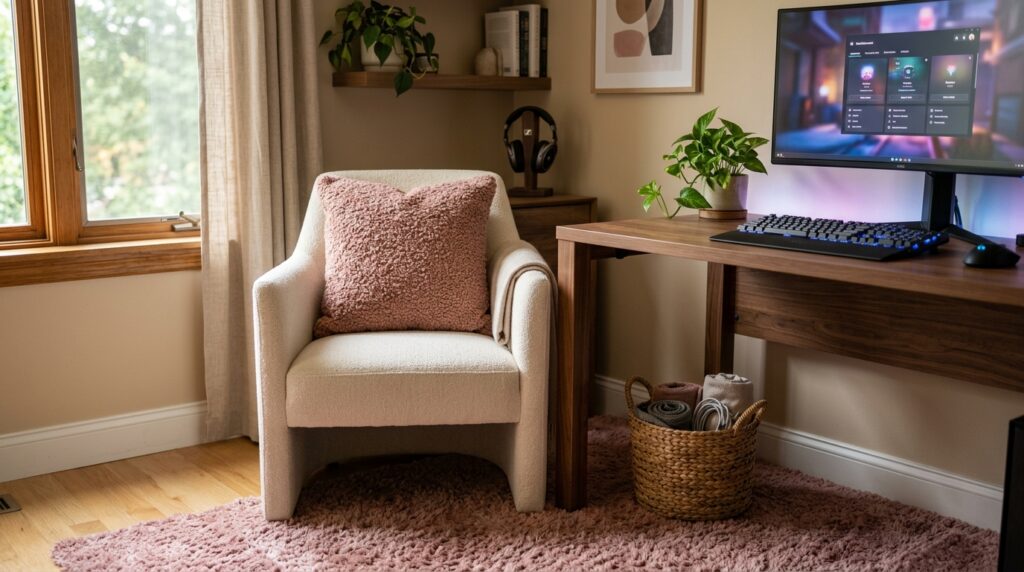 Boucle pillow and plush rug textures in pink gaming room