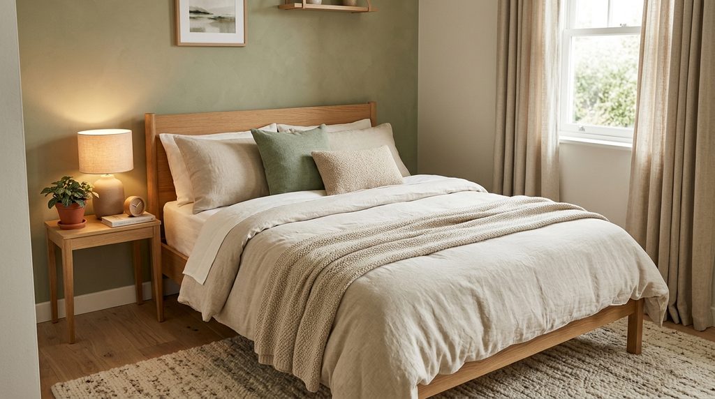 Cozy small bedroom aesthetic with layered neutral bedding, soft throw, warm bedside lighting, light wood furniture, and sage green accents