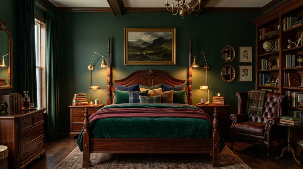 Dark academia bedroom idea for couples with deep green walls and brass wall sconces