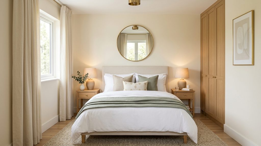 Small bedroom that looks expensive on a budget with layered neutral bedding, floor-length curtains, warm lighting, light wood furniture, and elegant decor