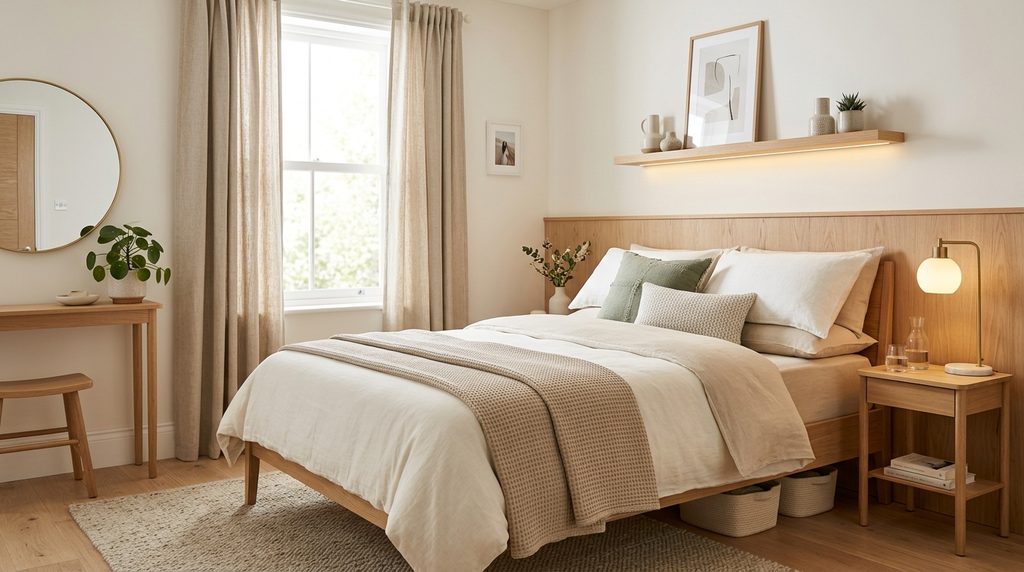 Cozy small bedroom aesthetic with neutral bedding, warm lighting, light wood furniture, sage green accents, and space-saving decor