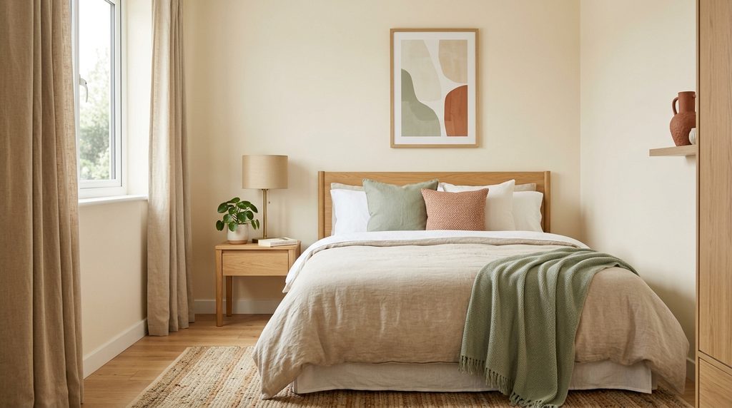 Aesthetic small bedroom color palette with cream walls, beige bedding, light wood furniture, sage green accents, and warm decor