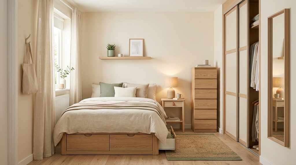 Small bedroom furniture with storage bed, slim nightstand, tall dresser, sliding wardrobe, and light wood decor