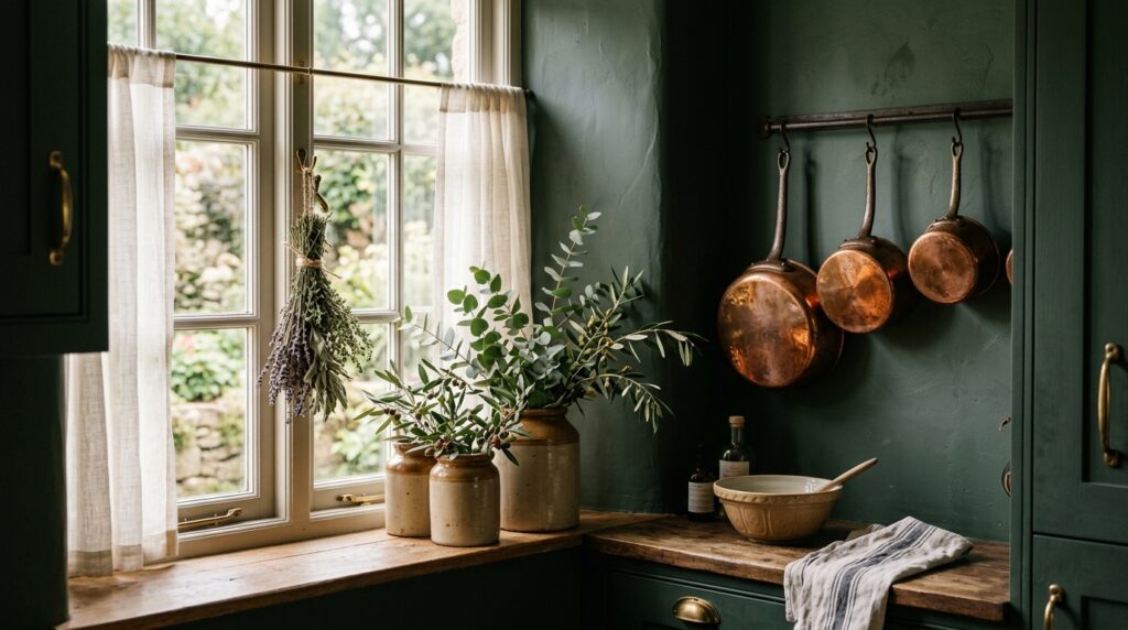 Dried herbs and copper cookware in dark cottagecore kitchen