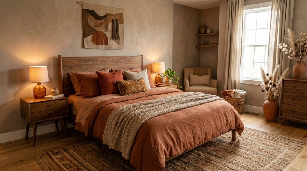 Warm earth tone bedroom idea for couples with terracotta and rust color palette